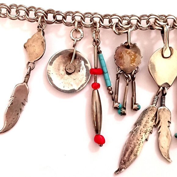 Handmade Artisan Native American Sterling Turquoise Coral Charm Necklace - Picture 8 of 8